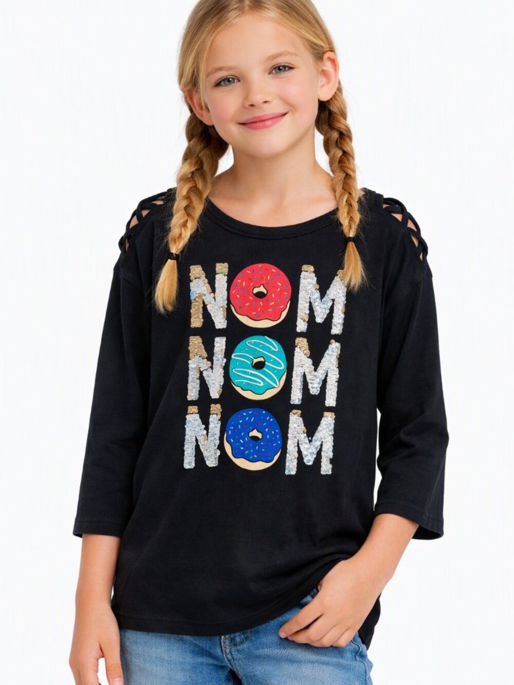Justice Girls Donut Graphic Tee Black Long Sleeve Size 10